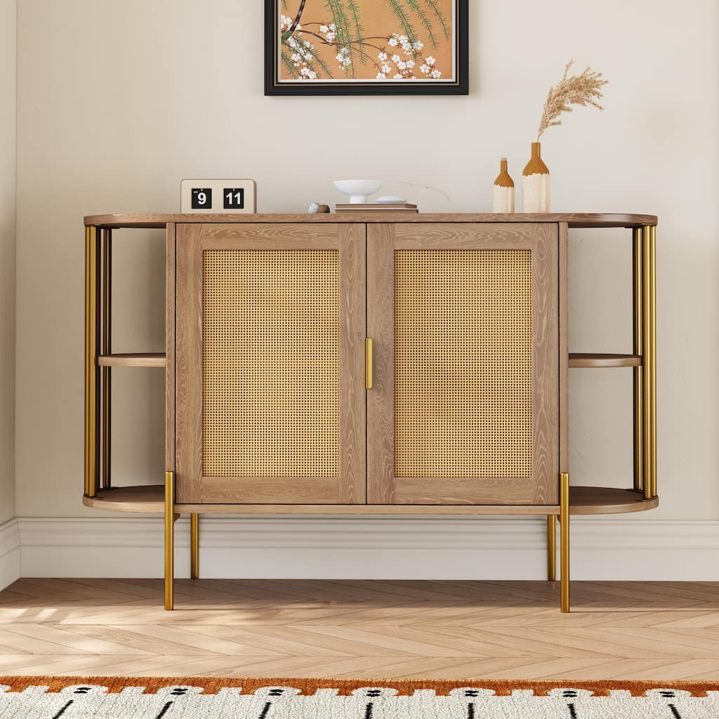 Stylish Dining Cabinet with Curved Lines, Woven Rattan Doors, and Ample Storage for Modern Homes