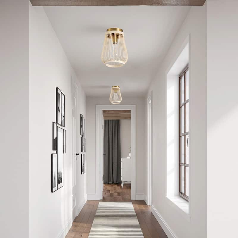 Farmhouse Brushed Gold Metal 1-Light Rattan Flush Mount Ceiling Light for Bedroom Kitchen Hallway
