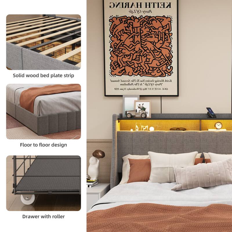 Queen/Full/Twin Size Wings Headboard Design Bed Frame with LED, 4 Under-bed Portable Storage Drawers