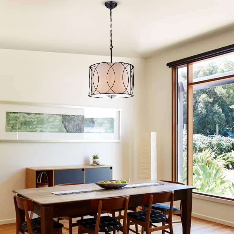 Arke Black Metal and Fabric 3-light Drum Pendant