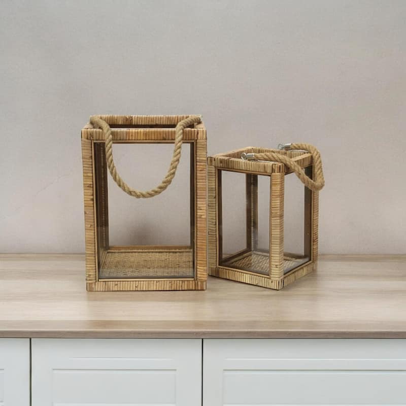 Rattan Wrapped Wooden Candle Lantern - 15" - Set of 2