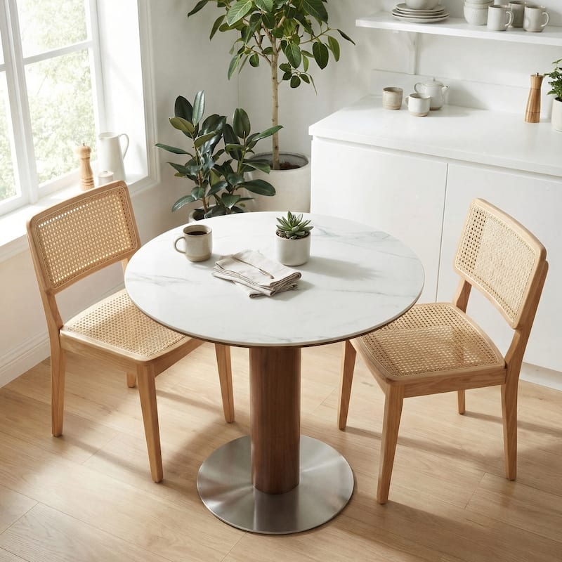 31.5 Inch Round Dining Table for 2-4, Solid Wood Circle Kitchen Table with Stainless Steel Pedestal, Sintered Stone Top