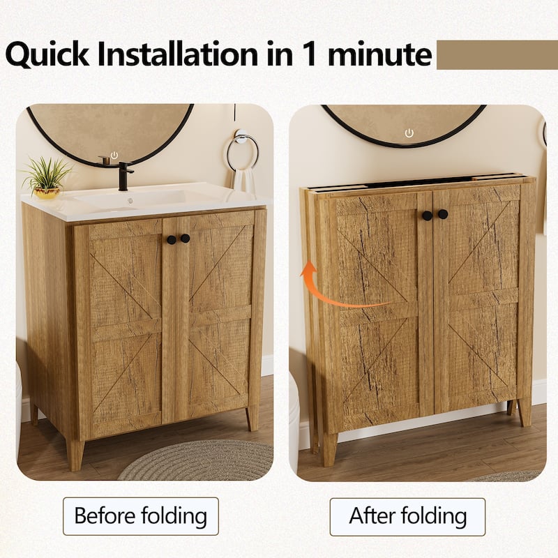 30 Inch Folding Bathroom Floor Cabinet with Ceramic Sink, 1-Minute Tool-Free Install, Space-Saving Freestanding Vanity
