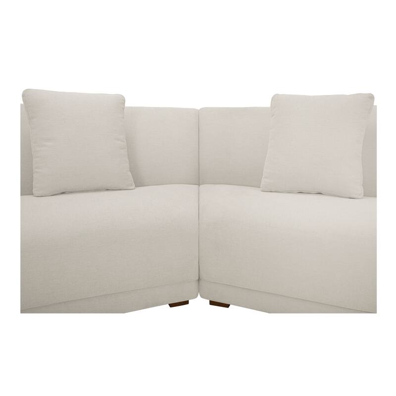 NADAAL STUDIOS Solace 4 Piece Modular Sectional, Angled Sides, Sloped Arms, Plinth Base, Four Toss Cushions, White