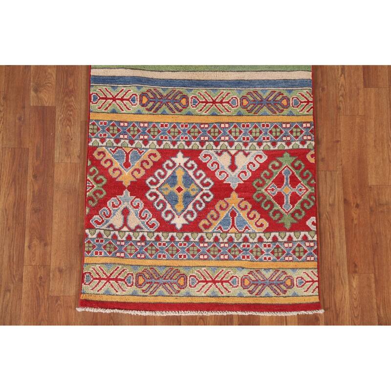 Hand Knotted Oriental 100% Wool Carpet Traditional All-Over Multi-Colored Kazak Runner Rug - 13' 10'' X 2' 6''
