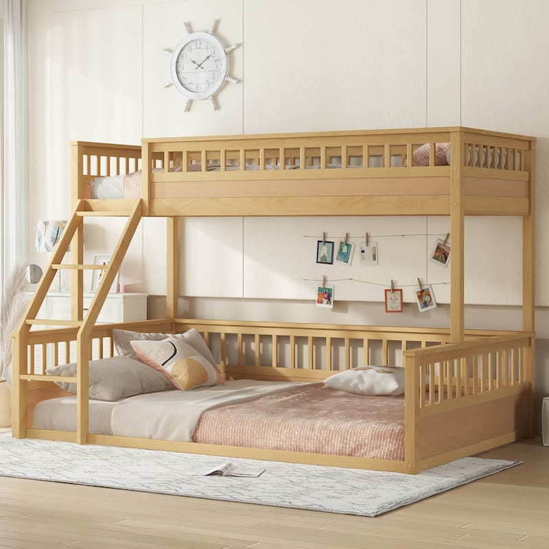 Twin XL Over Queen Bunk Bed with Ladder and Guardrails - Natural - Queen