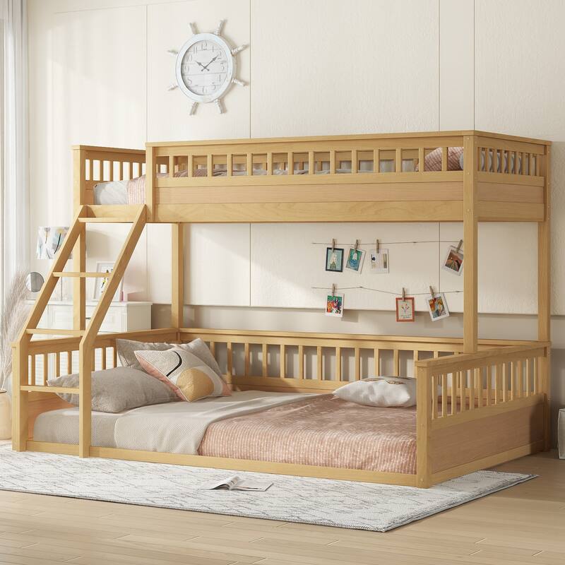 Twin XL-over-Queen Pinewood Bunk Bed with Detachable Design and Guardrails - Natural