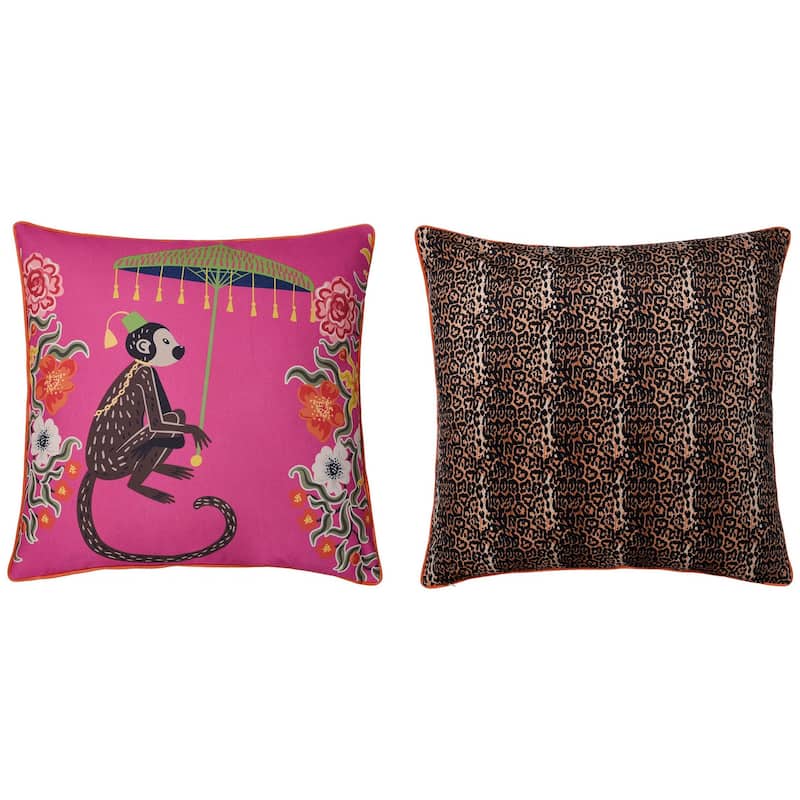 Dann Foley Double Sided Pillow - Monkey Print and Cheetah Velvet - Left - Accent - Feather Down - Hot Pink, Multi, Cheetah - Single