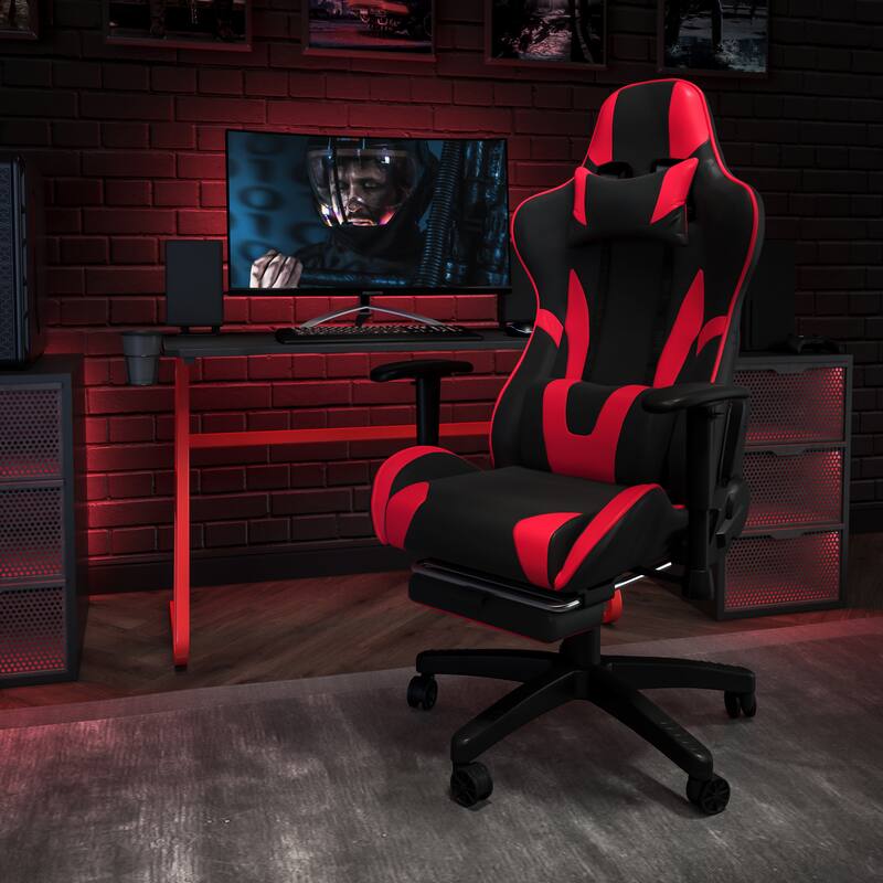 Desk Bundle - Gaming Desk, Cup Holder, Headphone Hook and Reclining Chair - Red