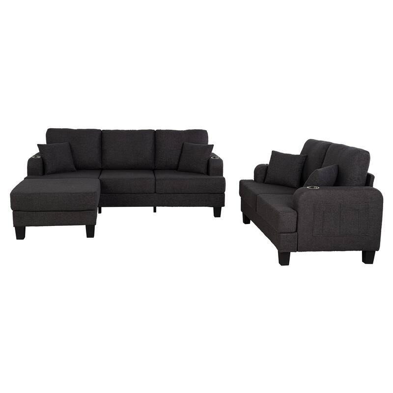 Modern Black Fabric 3-Piece Living Room Sofa Set with Loveset and Ottoman