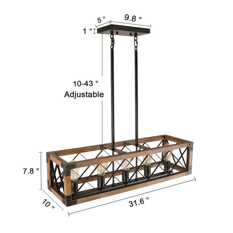 Modern Farmhouse 5-Light Wood Rectangle Chandelier Cage Island Lights for Dining Room - 31.6"L x 10" W x 7.8" H