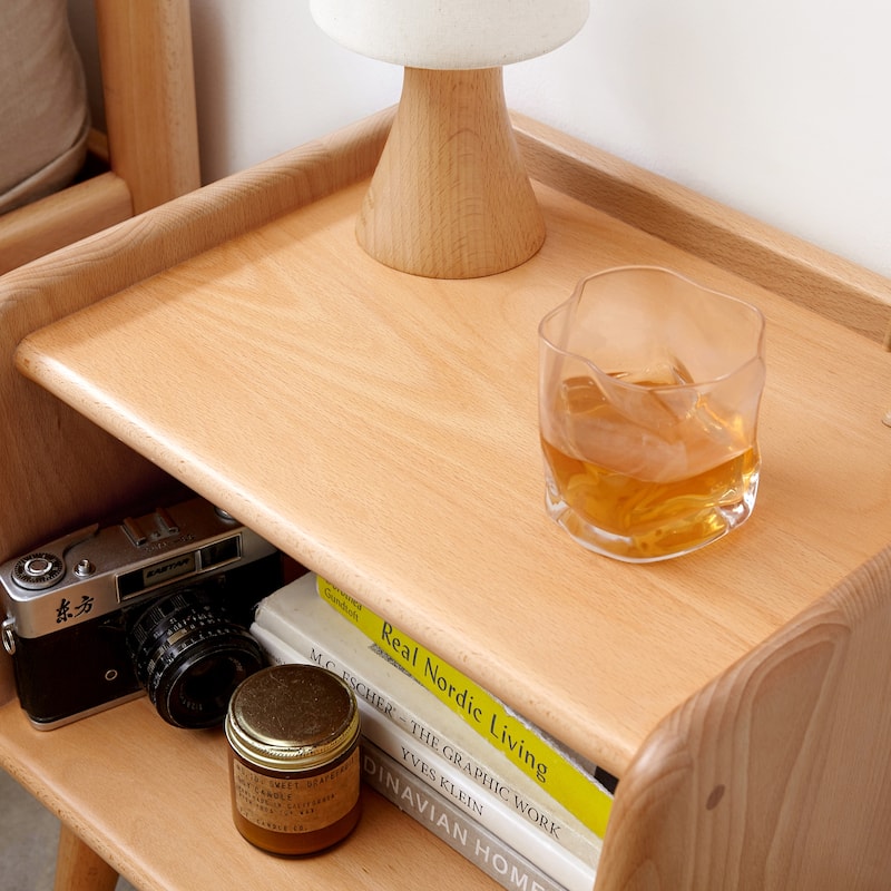 Small Nightstand with Open Storage Shelf, Coffee Table with Wooden Tabletop, Couch Side Table with Solid Wood Legs