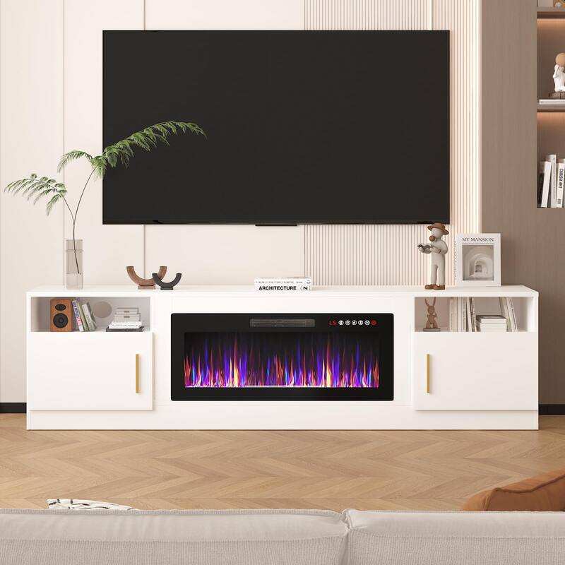 BOSSIN 80" Modern Electric Fireplace TV Stand with 20-Color LED Lights, Fits Up to 90" TV, Adjustable Shelves & Storage Cabinets
