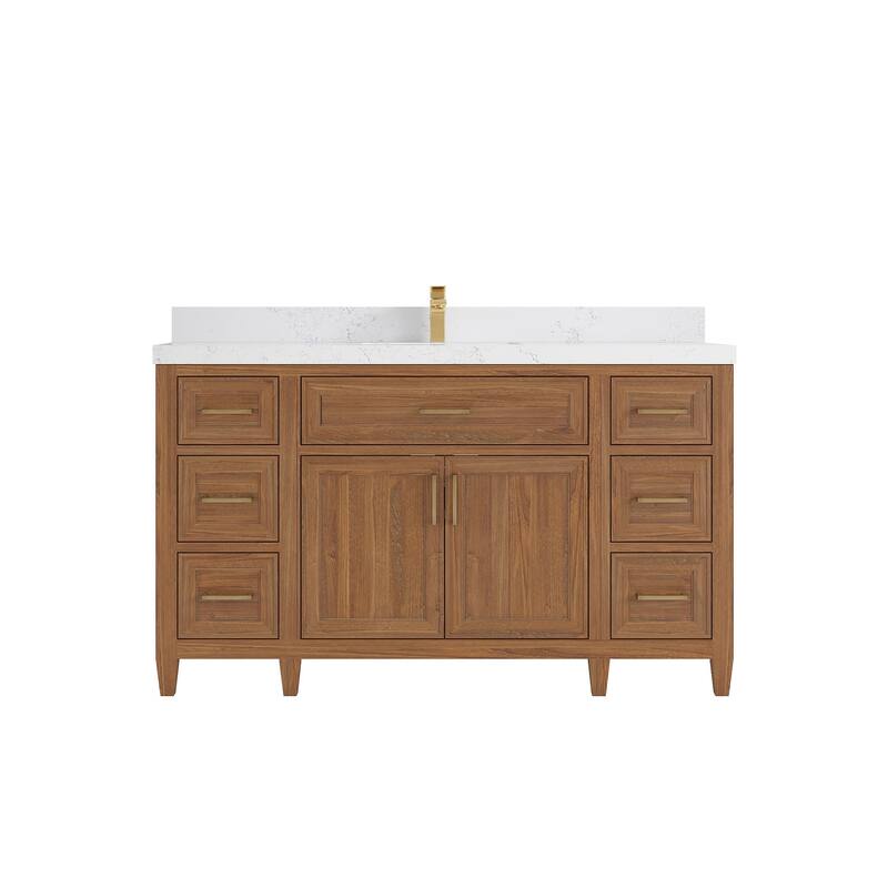 Willow Collections 60 in. W x 22 in. D Santa Monica Teak Single Sink Bathroom Vanity with Countertop - 2”Empira White - Dark Natural