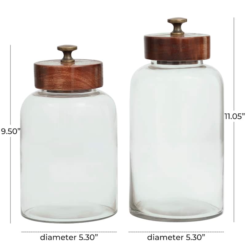 Glass Canisters with Brown Removable Lids and Antique Knobs - Set of 2 Clear - Roche River Decor - 5"W x 5"L x 11"H