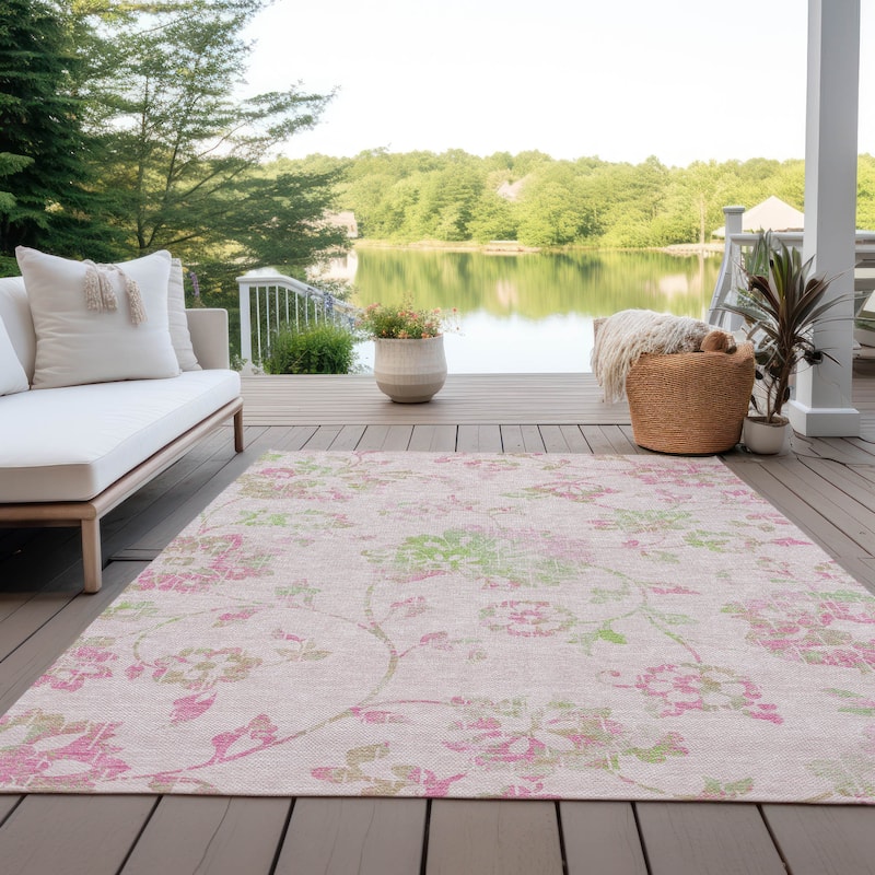 Machine Washable Indoor/ Outdoor Chantille Farmhouse Floral Rug - Pink - 10' x 14'