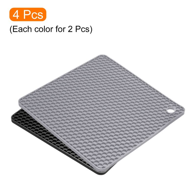 4pcs Silicone Trivet Mats for Pots Pans, Square Hot Pad Teapot Coaster - Light Grey+Black