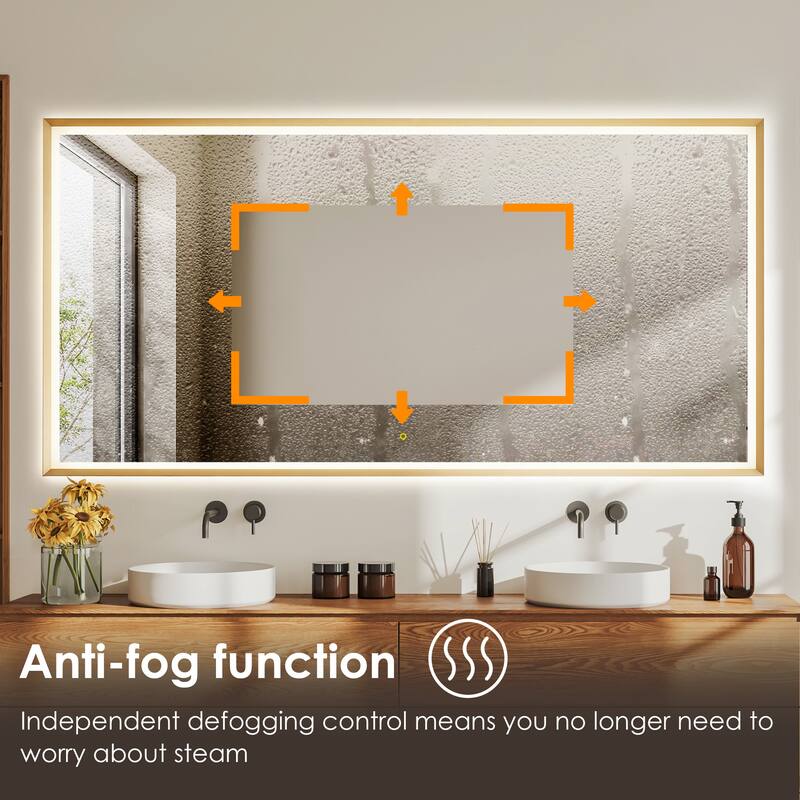 Apollo Rectangular Anti-Fog Dimmable Modern Bathroom/Vanity LED Lighted Wall Mirror in Brushed Gold Aluminum Framed