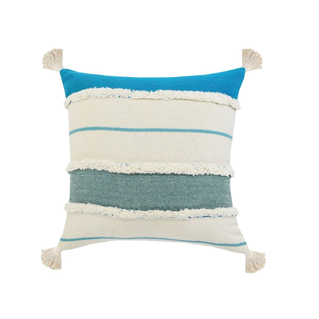 20" Turquoise and White Striped Hand Loomed Square Throw Pillow