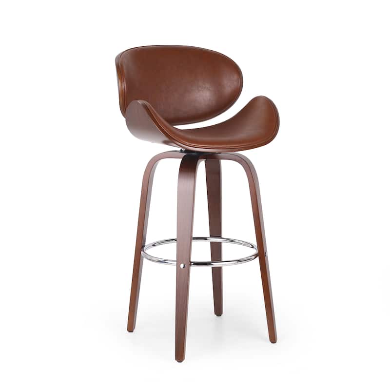 Wood Bar Stool with Swivel Function and Leather Seat, Ergonomic Dining Chair Counter Height Stool with Footrest