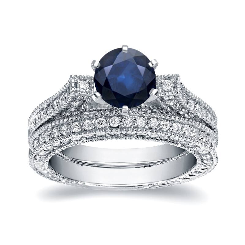 Auriya 14k Gold 1ct Vintage Sapphire and Diamond Engagement Ring Set 1ct TDW - 5.5