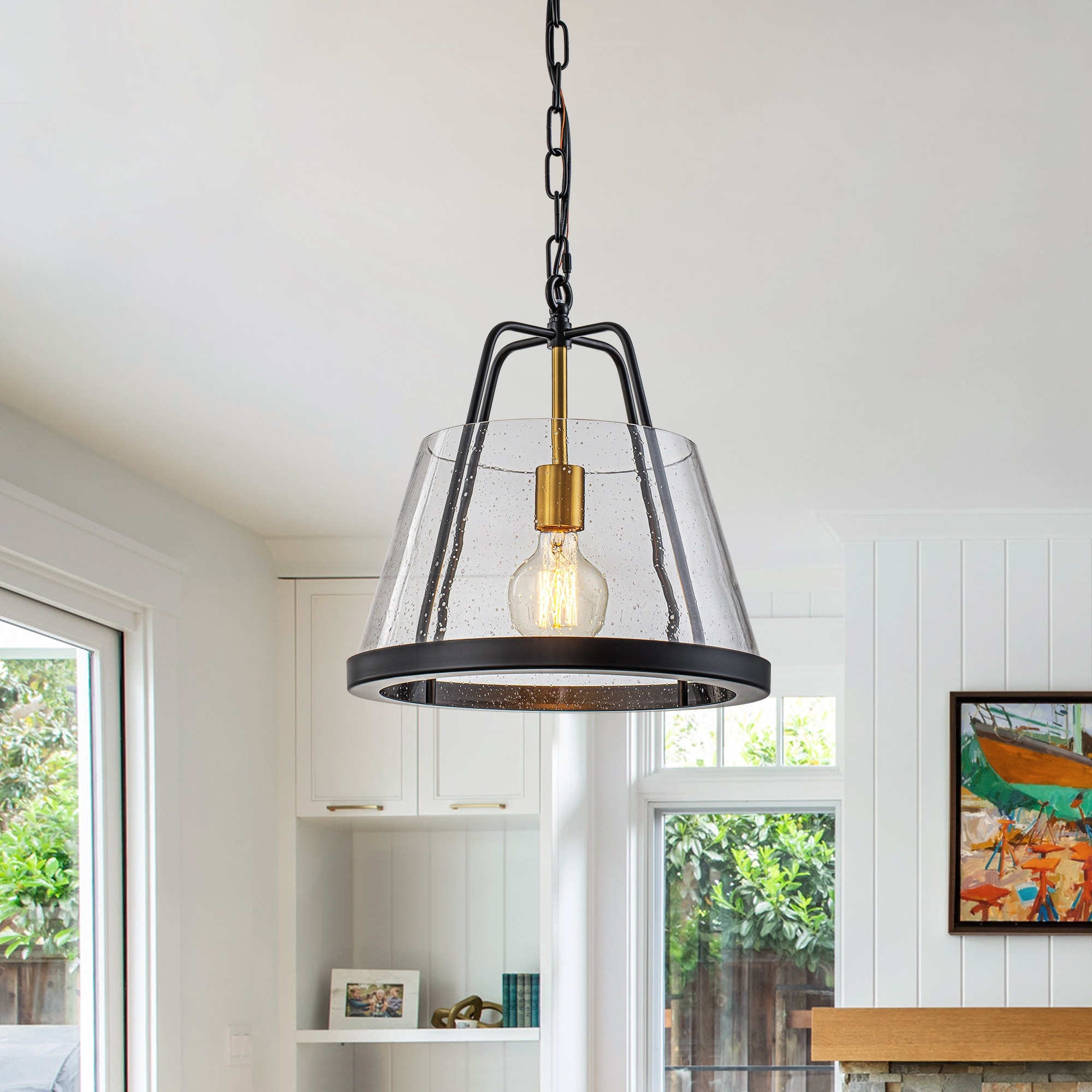 1-Light Modern Industrial Pendant Light with Seeded Glass - W13in.