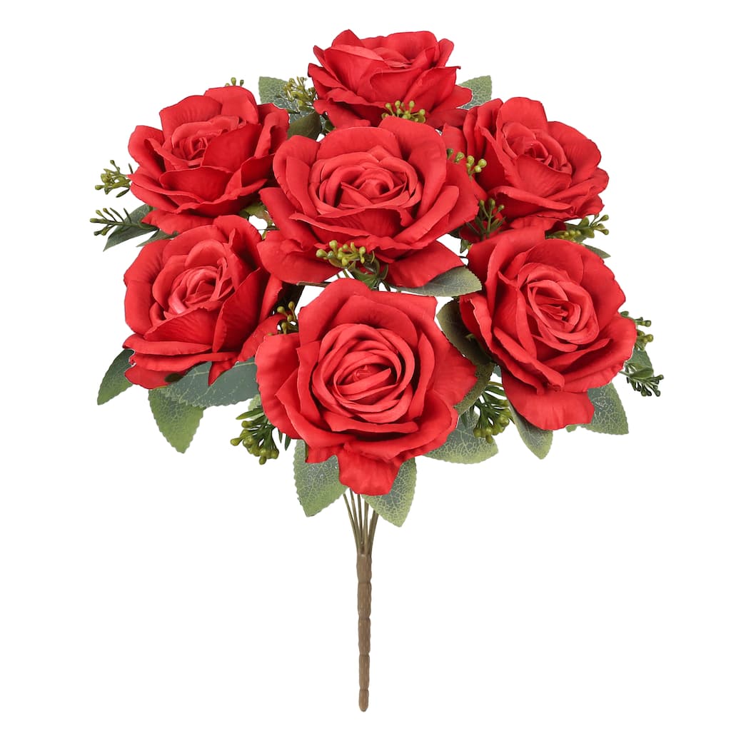 Set of 2 Deluxe Red Artificial Elegant Rose Flower Stem Bush Bouquet 17in - 17" L x 10" W x 10" DP