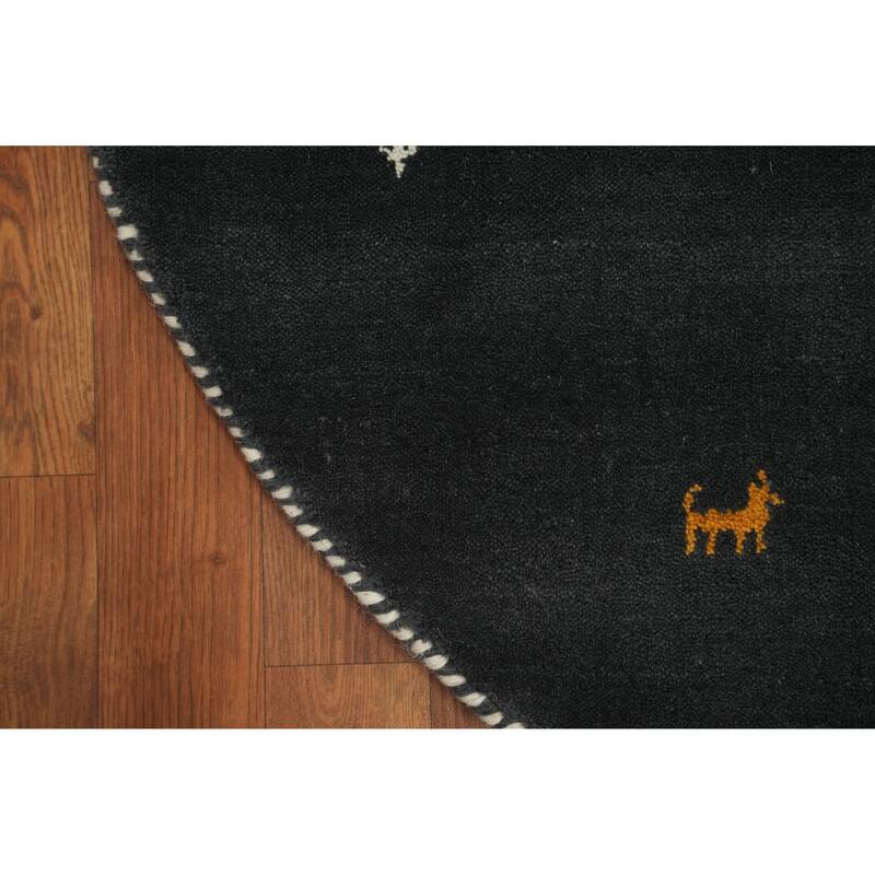 Tribal Gabbeh Oriental Round Rug, Hand-Knotted Black Wool Carpet - 4' 10'' X 4' 10''