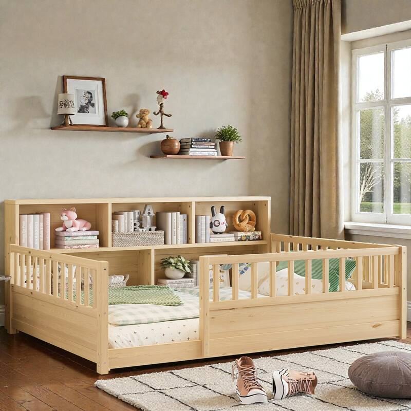 Wooden Floor Bed with Fence Guardrails, Montessori Style Kids Bed Frame with Side Storage Design