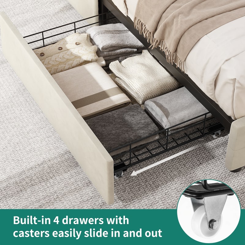 Queen Adjustable Upholstered Headboard Platform Bed Led Bed Frame with 4 Storage Drawers