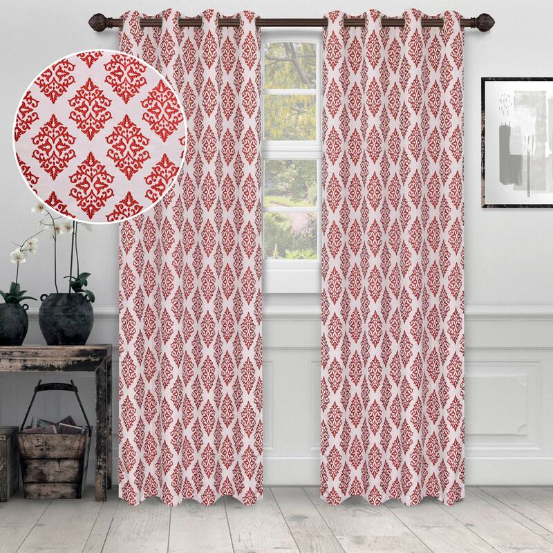Superior Venetian Damask Jacquard Embroidered Washable Curtains, Set of 2 - 52" x 63" - Ruby