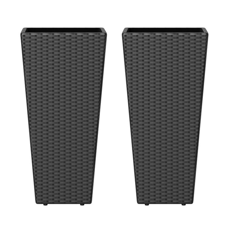 Black PE Rattan Metal Tall Planter Set of 2 with Drainage and Liner for Patio - 15" x 15" x 30" (L x W x H) - Black