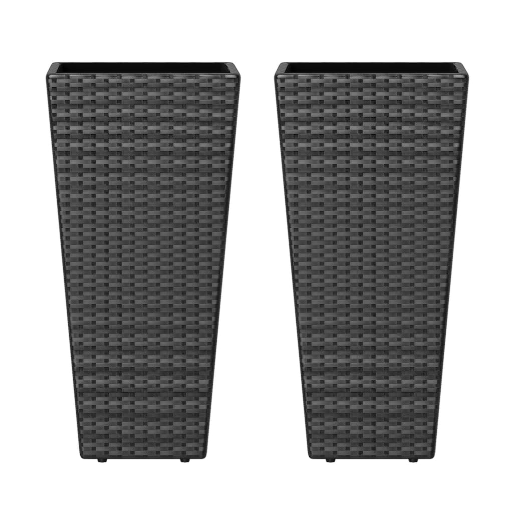 Black PE Rattan Metal Tall Planter Set of 2 with Drainage and Liner for Patio - 15" x 15" x 30" (L x W x H)