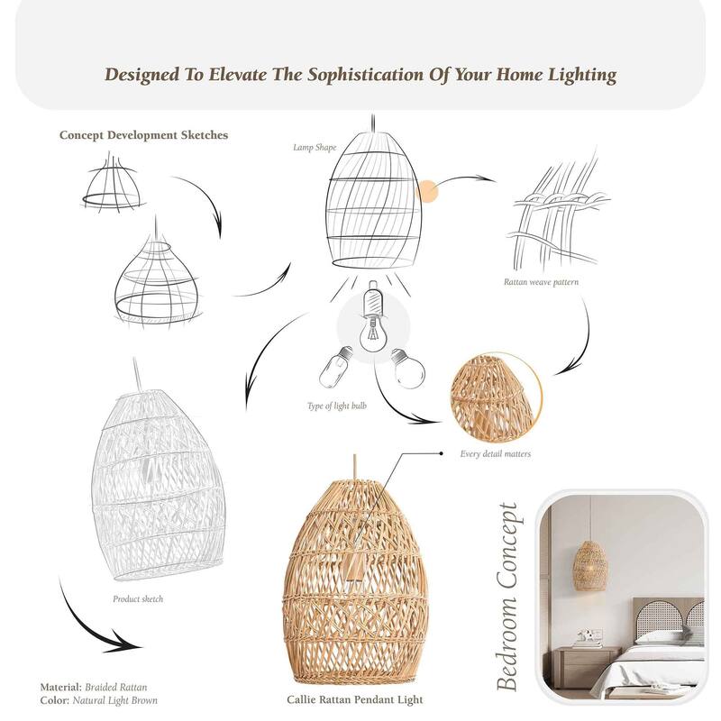Callie Rattan Pendant Light - Natural Bell 1-Light Handwoven Ceiling Light For Modern, Transitional, Farmhouse Room Decor