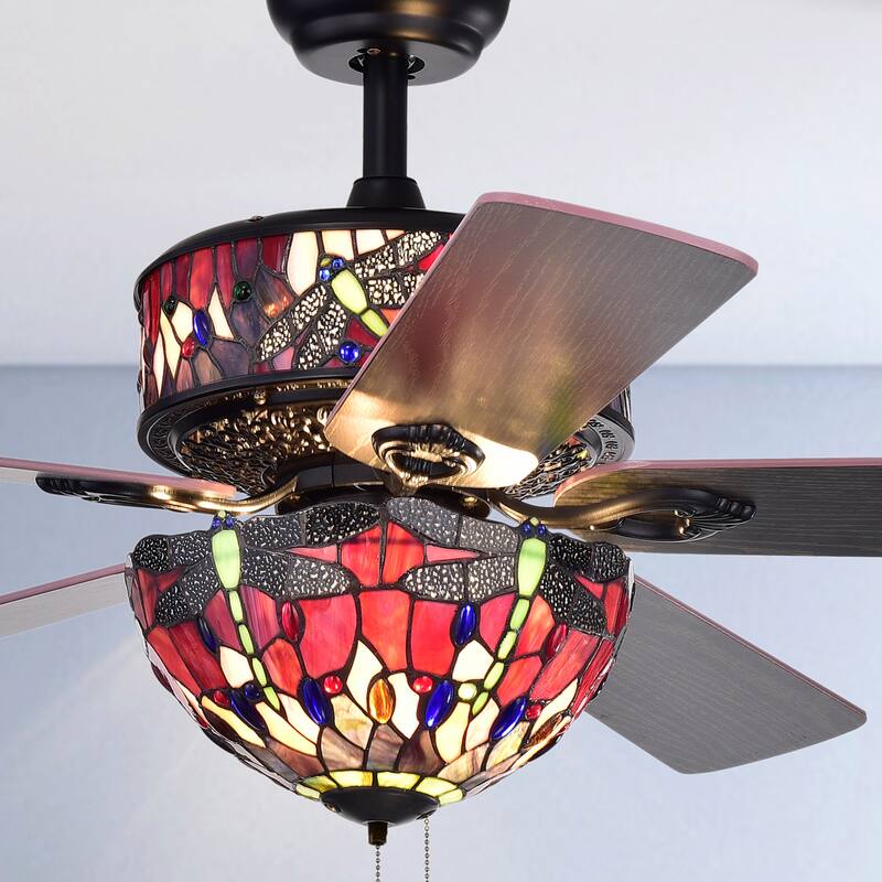 Jalev 6-Light Dragonfly Tiffany 5-Blade 52-Inch Matte Black Ceiling Fan