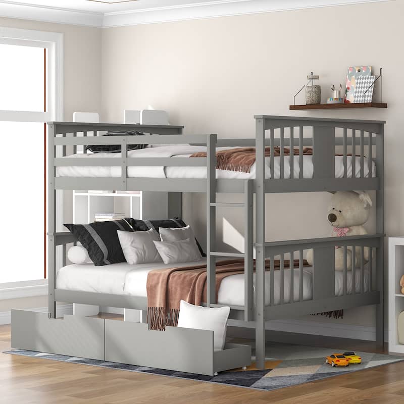 Full over Full Bunk Bed with Drawers and Ladder, Gray, Space-Saving Bedroom Furniture - Gray