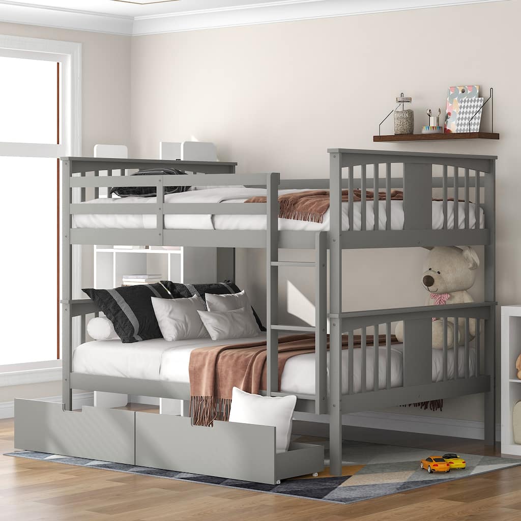 Full over Full Bunk Bed with Drawers and Ladder, Gray, Space-Saving Bedroom Furniture