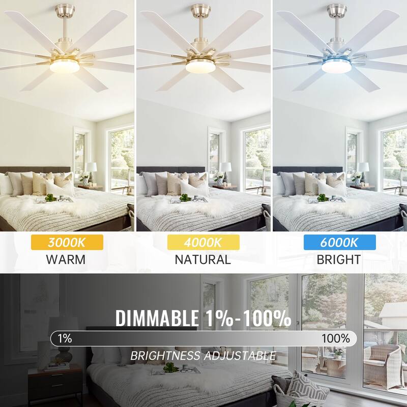 52/66/72/84 Inch Smart Ceiling Fan with Light ,Wall Switch, APP Control,Dimmable LED,8 Blades