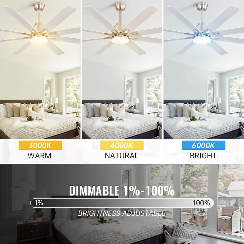 52 Inch/66 Inch/72 Inch Modern Ceiling Fan with Dimmable LED Light ,Remote&APP Control,8 Blades for Large Living Room,Porch