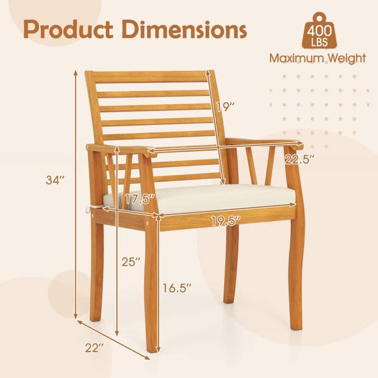 Natural Acacia Wood Outdoor Dining Chairs with Cushions Set of 2 - 22.5" x 22" x 34"