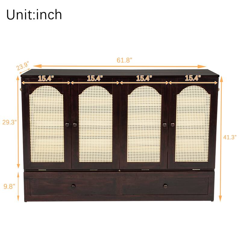 Queen Size Pine Wood Cabinet Bed with Power Station and Rattan Decoration, Espresso