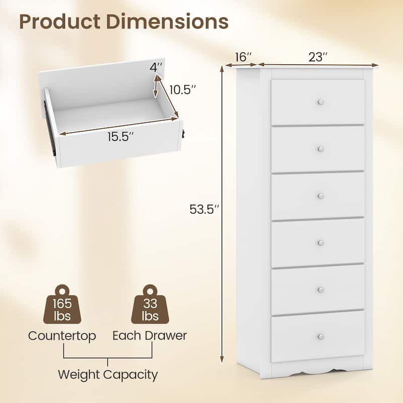 Gymax 6 Drawer Dresser Tall Wooden Chest of Drawers w/ Metal Drawer