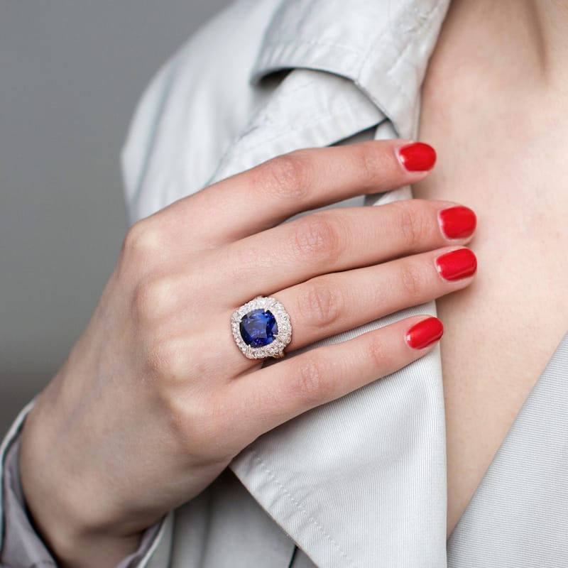 Miadora 7 1/10ct TGW Cushion-Cut Sapphire & 1 3/4ct TDW Diamond Halo Cocktail Ring in 14k White Gold