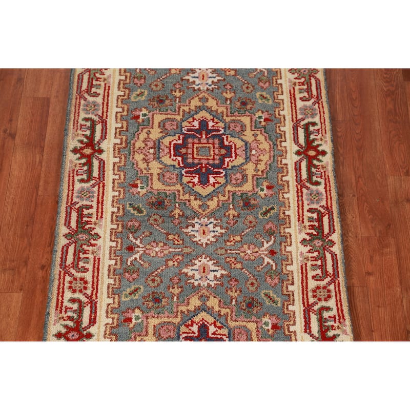 Hand Knotted Oriental 100% Wool Carpet Traditional Geometric Greys & Charcoal Heriz (serapi) Runner Rug - 8' 2'' X 2' 6''