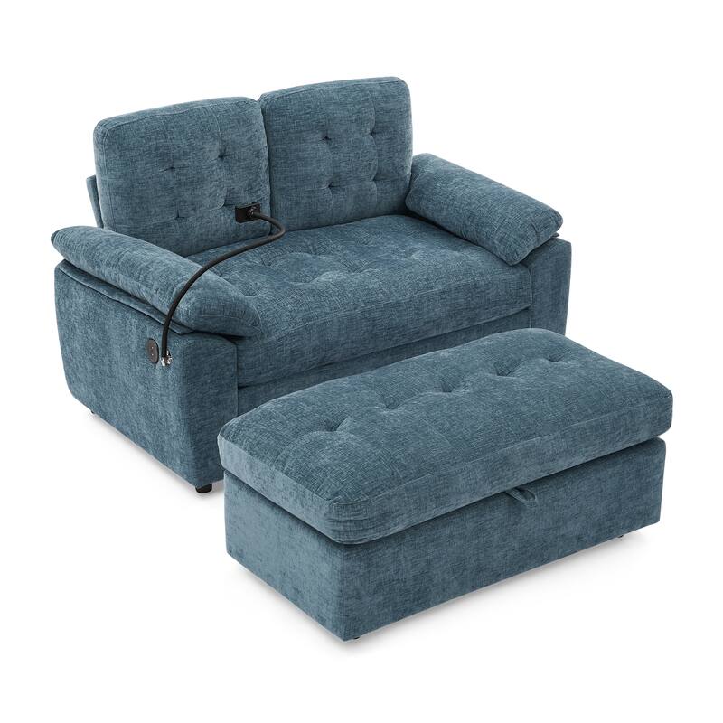 Double Recliner Chair with Adjustable Backrest, Storage Ottoman, USB Port & Phone Stand