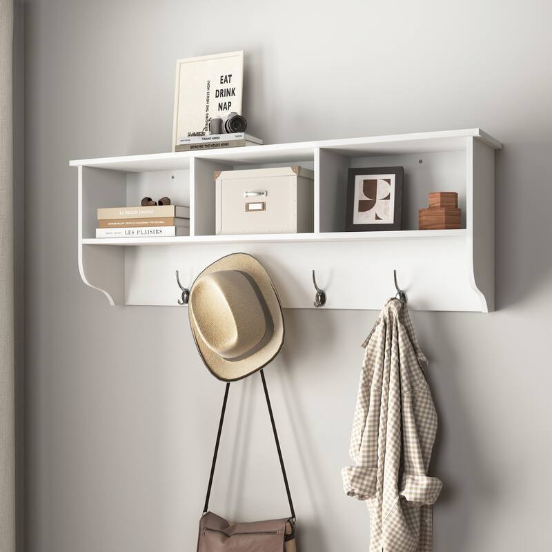 White Entryway Wall Mounted Coat Rack with 4 Dual Hooks Living Room Wooden Storage Shelf