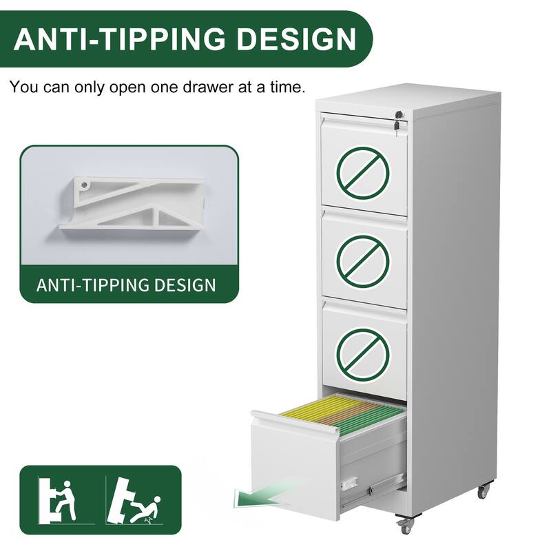4 Drawer Metal Locking Vertical File Cabinet on Wheels - Heavy-Duty Lockable Cabinet for Home & Office, 17.71"D*15.16"W*52.28"H