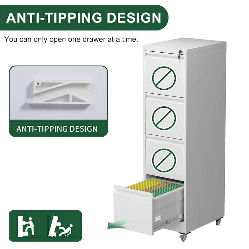 4 Drawer Metal Locking Vertical File Cabinet on Wheels - Heavy-Duty Lockable Cabinet for Home & Office