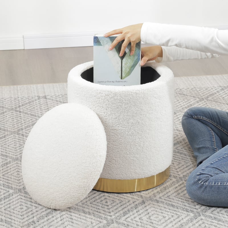 Adeco Velvet Round Storage Stool Gold Plating Base Storage Ottoman