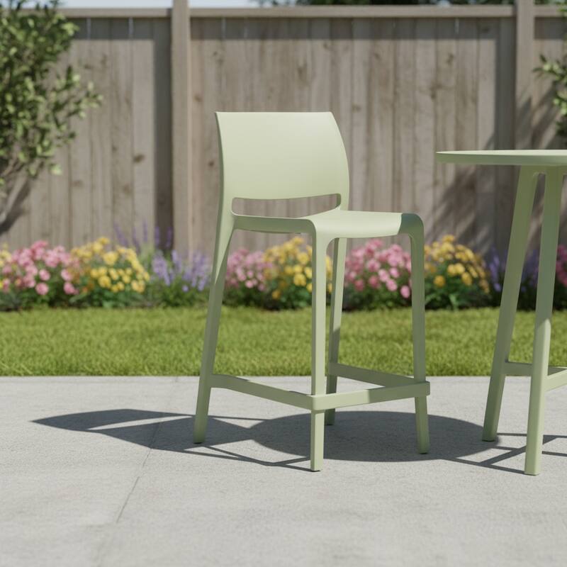 HomeRoots Set of Two 26" Green Heavy Duty Plastic Low Back Outdoor Counter Height Bar Chairs